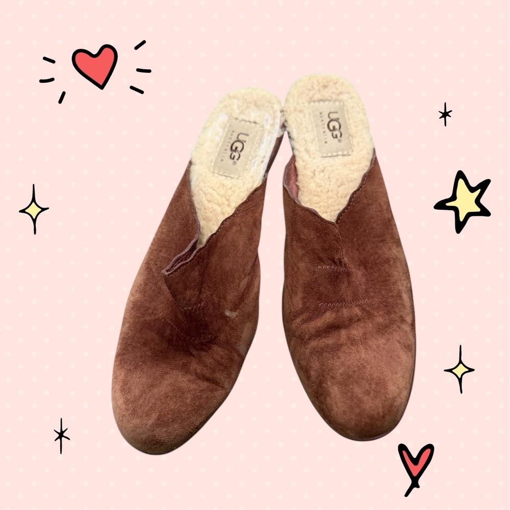UGG Australia Suede Shearling Lined Mules Brown Heel Shoes Womens Size 8